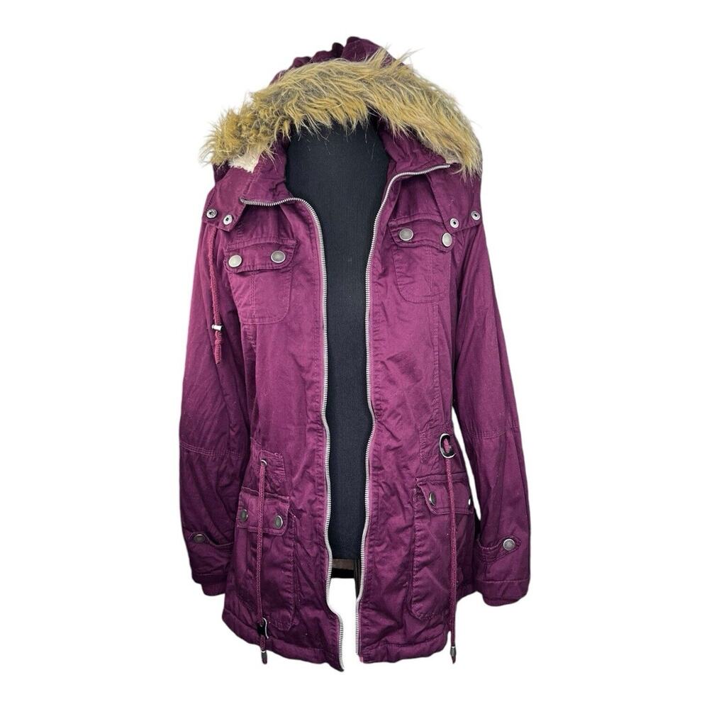 Snobbish Women's Burgundy Faux Fur-Lined Parka Jacket Hood Pockets Sz Sm EUC
